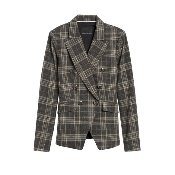 BANANA REPUBLIC Cadet Grey Check Wool Flannel Double Breasted Blazer, Size 6 - Picture 4 of 16